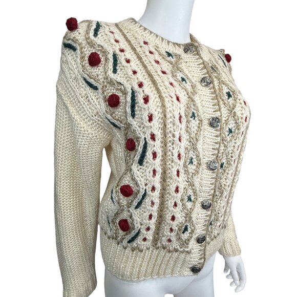 Russ Petites Acrylic Knit Cardigan Sweater Embroidered Ivory Button Front L - Picture 3 of 6
